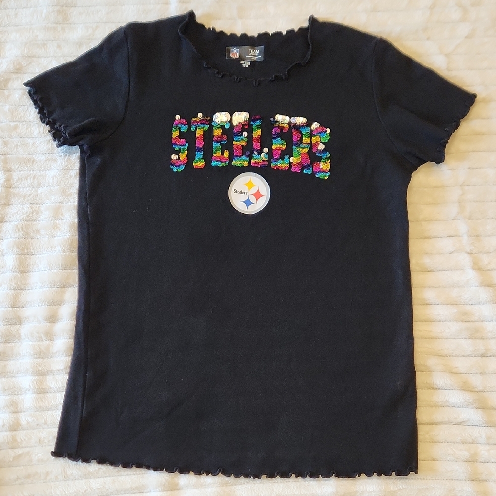 NFL Pittsburgh Steelers Girl's Lettuce Edge Reverse Sequin Short Sleeve T-Shirt
